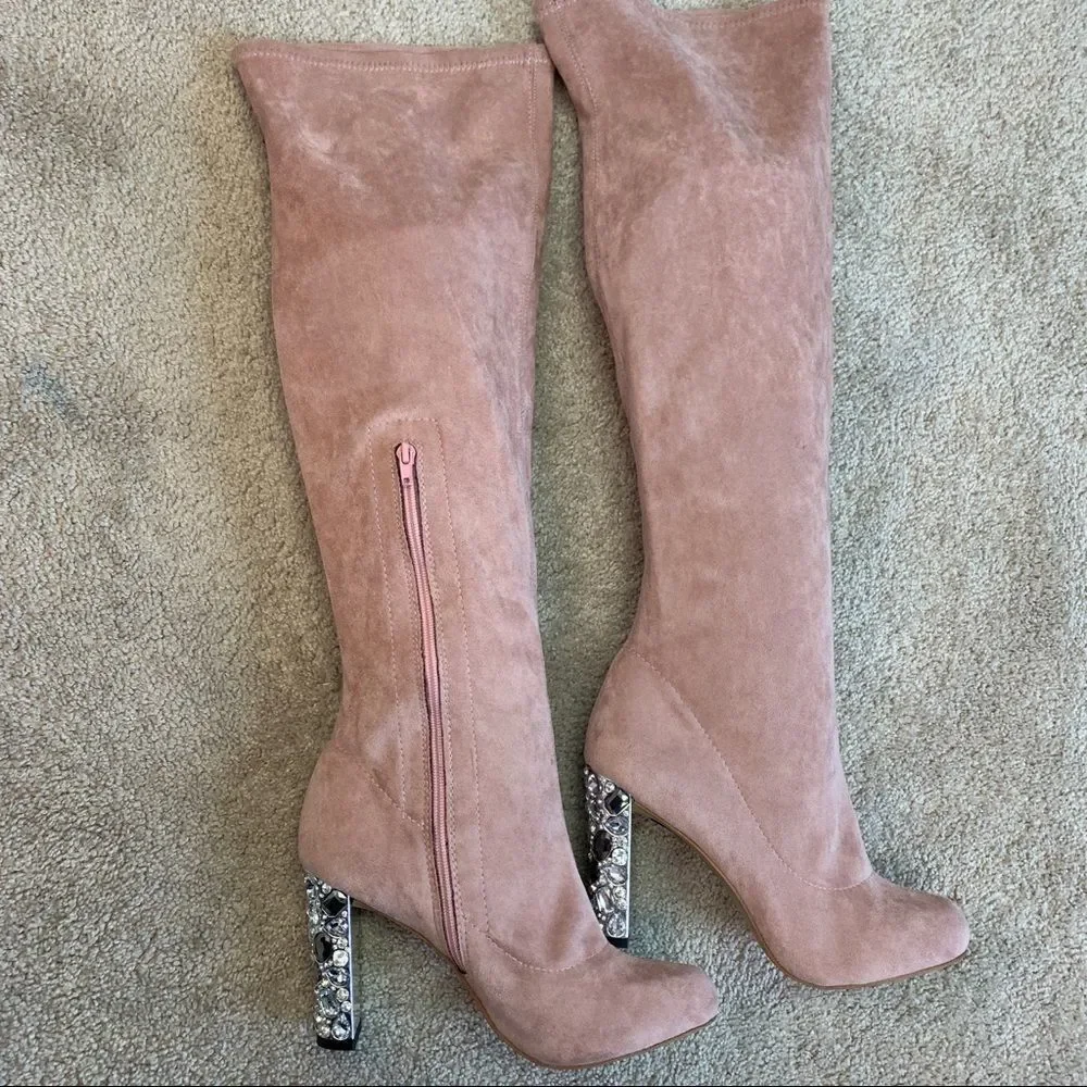 Faux Suede Over Knee Boots Rhinestone Block High Heel Stretch Thigh Boot pink 🔥 - Picture 6 of 12